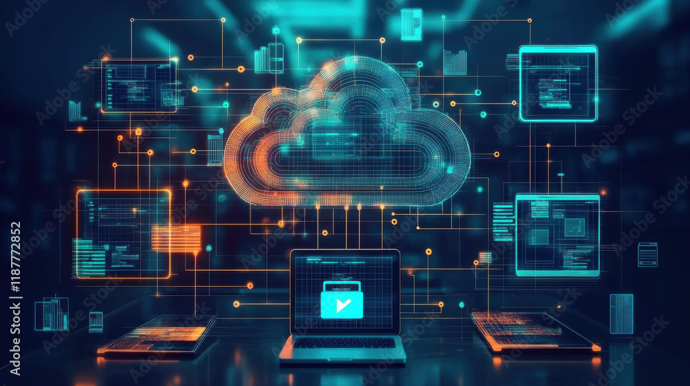 Poster cloud memory, a 3d model of a cloud connected to multiple devices, showcasing high fidelity and adva