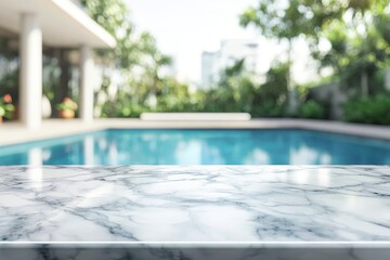 Marble surface, poolside, luxury home, summer, background blur, product display