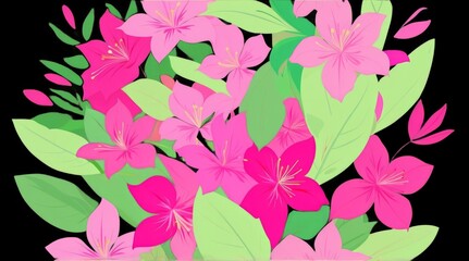 Vibrant Botanical Elements with Detailed Floral Patterns and Lush Green Foliage