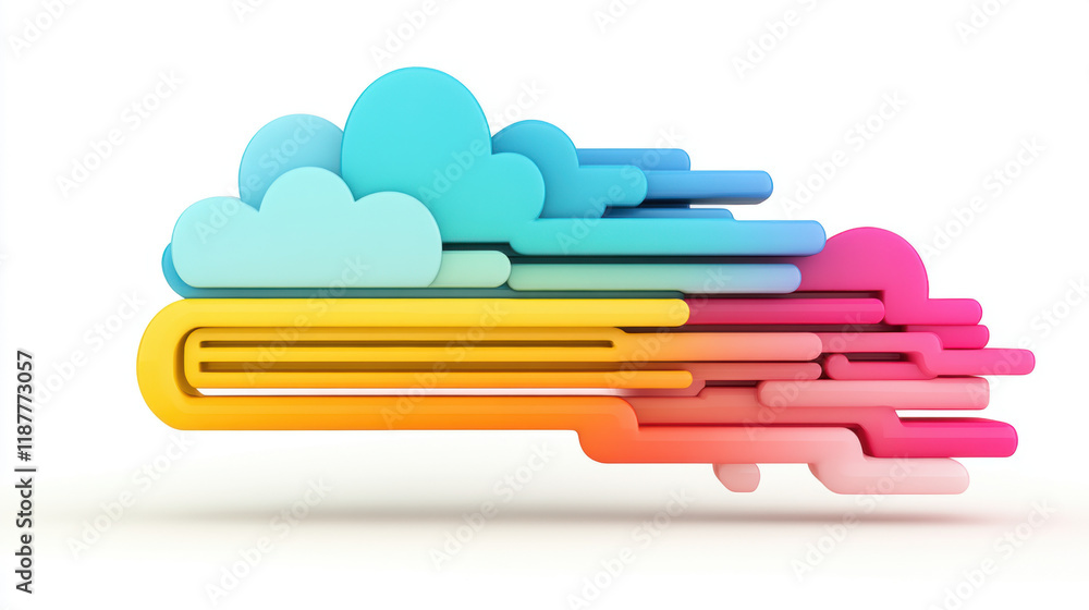 Poster cloud memory, 3d model of a colorful cloud emitting data streams, high fidelity quality suitable for