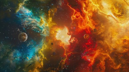 a cosmic odyssey through a nebula of swirling gases and celestial bodies, white space in the center of the page for text, bold and dynamic hues against a dark background