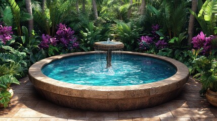 Tranquil circular fountain in lush tropical garden.