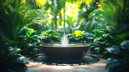 Tranquil fountain in lush tropical garden. (1)