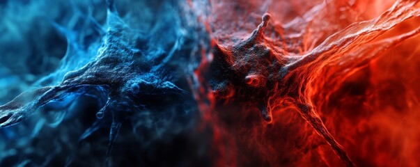 Abstract clashing blue and red smoke.