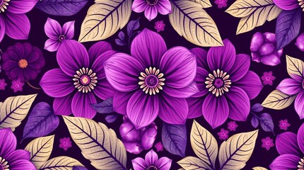A vibrant and decorative floral illustration featuring purple and pink flowers with intricate designs and details, creating a seamless pattern against a rich dark background