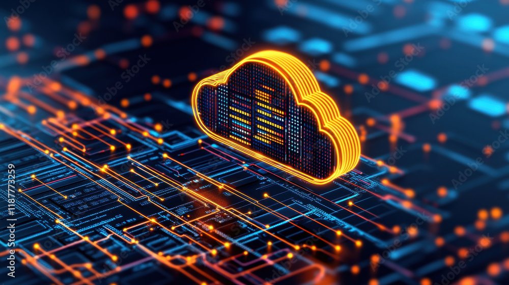 Poster cloud memory, a 3d model depicting a cloud hovering over a server rack, showcasing high fidelity and