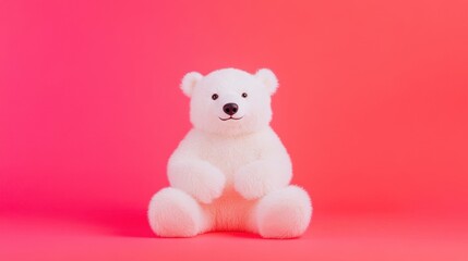 Obraz premium Adorable White Polar Bear Plush Toy on Pink Background