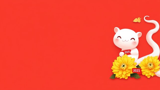 Adorable White Rat with Yellow Flowers on Red Background Celebrating Lunar New Year