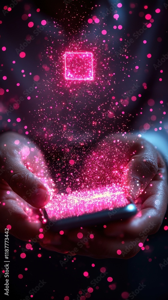 Poster pink glitter particles float above a smartphone held by two hands. this image can be used for techno
