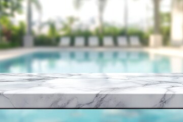 Obraz premium Marble table, poolside, tropical background, product display (1)