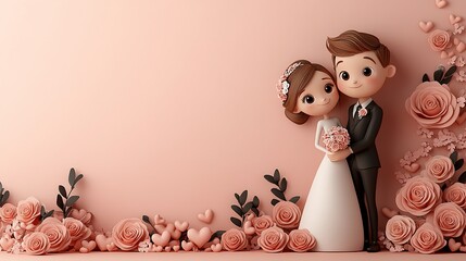 Cute cartoon bride and groom embracing, surrounded by blush pink roses and hearts on a pale pink background.