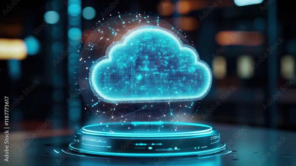 Poster cloud memory, a high-fidelity 3d model of a cloud with holographic shields, suitable for various des