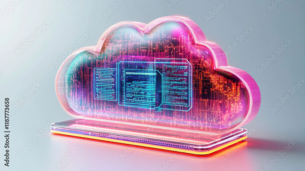 Poster cloud memory, 3d model of a cloud featuring holographic shields, created in high fidelity for visual