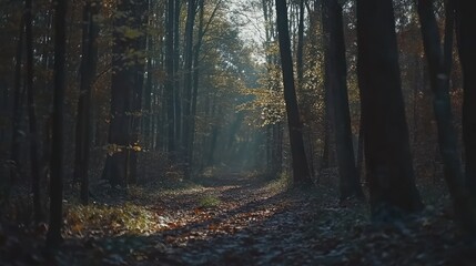 Fototapeta premium Sunlit path through autumnal forest with hazy atmosphere.