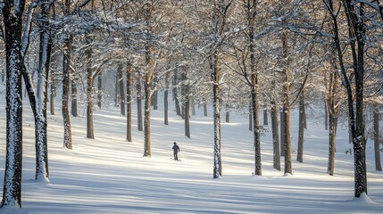 Tranquil winter landscape with skier among snow-covered trees