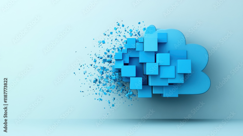 Poster cloud memory, a detailed 3d rendering of a cloud being split into smaller parts, showcasing high fid
