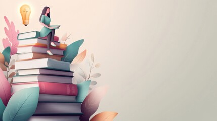 Fototapeta premium Girl Reading on a Stack of Books: A Journey of Knowledge and Illumination