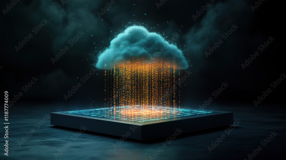 Poster cloud memory, a high-fidelity 3d rendering of a cloud connected to a desktop, showcasing modern tech