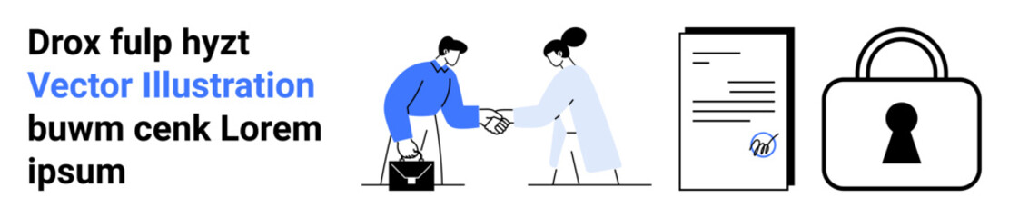 Businesspeople shaking hands, document with checkmark, padlock symbolizing security. Ideal for business agreements, partnership, document signing, security, privacy policies, trust legal contracts