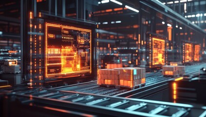 Automated factory conveyor belt system with digital displays showing package tracking and inventory management.