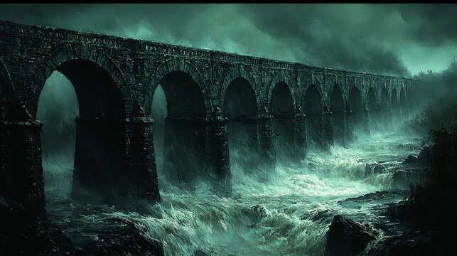 Ancient stone bridge over a raging river in a stormy setting.