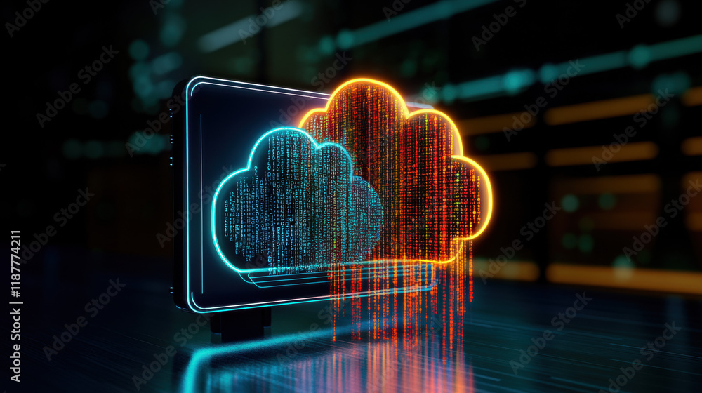 Aufkleber cloud memory, a high-fidelity 3d rendering of a cloud connected to a desktop, visually representing 