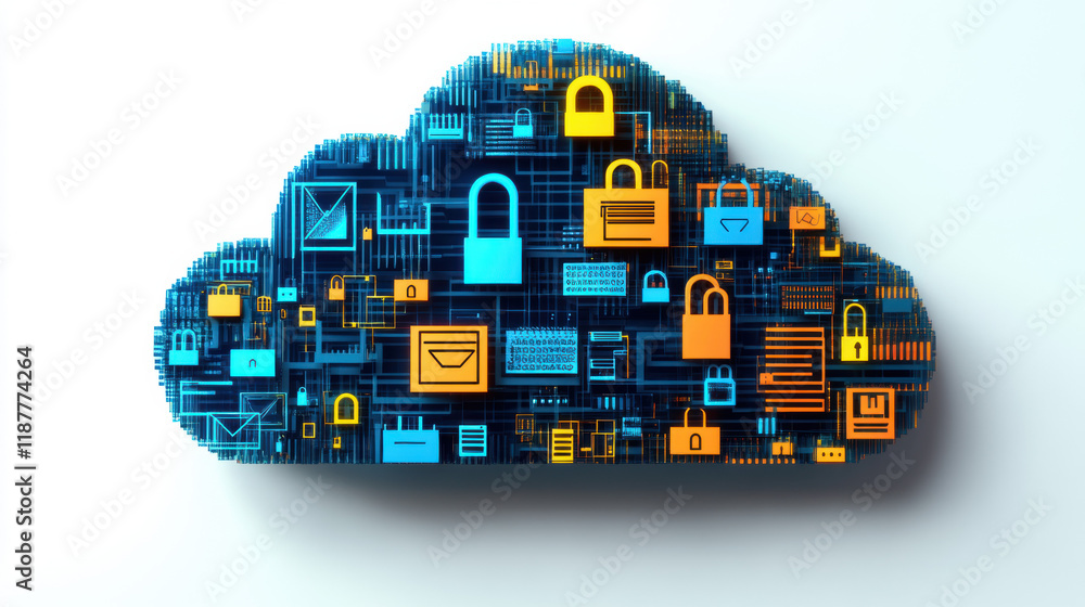 Poster cloud memory, 3d rendering of a cloud featuring digital locks, showcasing high fidelity and a modern