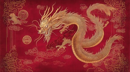 Obraz premium Chinese New Year postcard featuring a dragon outlined in gold, surrounded by auspicious symbols on a red background