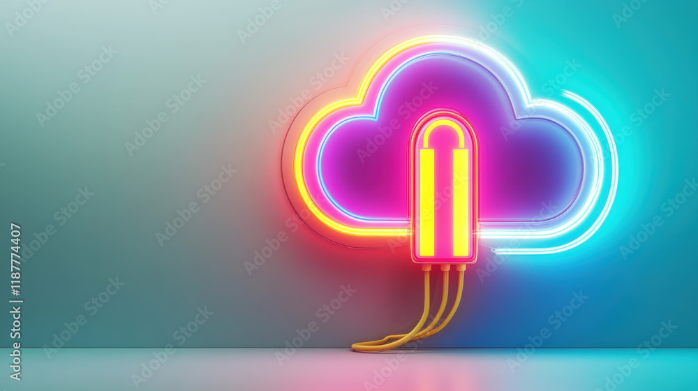 Poster cloud memory, a detailed 3d rendering of a data cable entering a glowing effect, suitable for techno