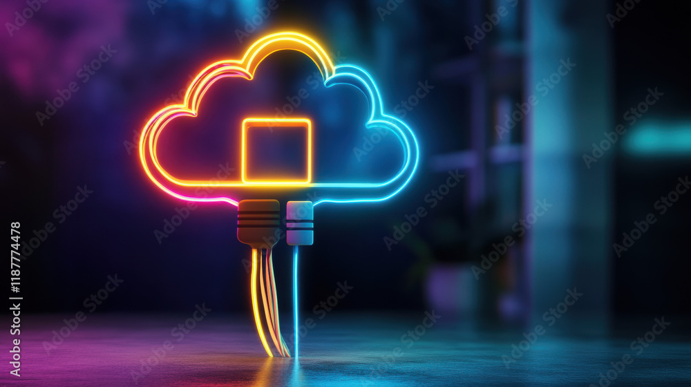 Poster cloud memory, a high fidelity 3d rendering of a data cable entering a glowing source, ideal for tech