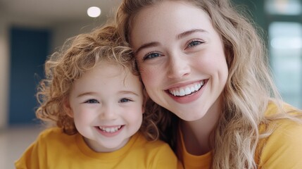Fototapeta premium Joyful Mother and Child Smiling Together in Bright Indoor Space, Showcasing Love and Happiness in a Warm and Cheerful Atmosphere