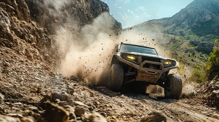 Obraz premium Rugged Off-Road Vehicle Driving on Dusty Mountain Trail Adventure