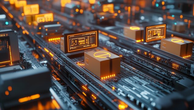 Automated warehouse with cardboard boxes moving on a conveyor belt system.