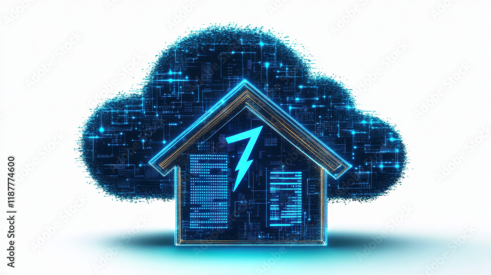 Poster cloud memory, a high-fidelity 3d rendering of a digital cloud with lightning, showcasing modern digi