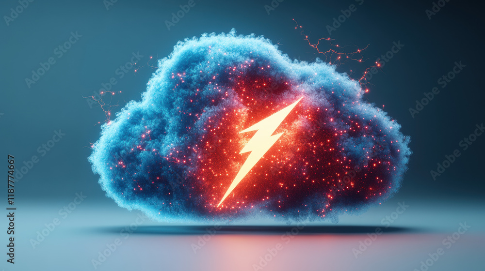 Poster cloud memory, a 3d rendering of a digital cloud featuring lightning, showcasing high fidelity and de