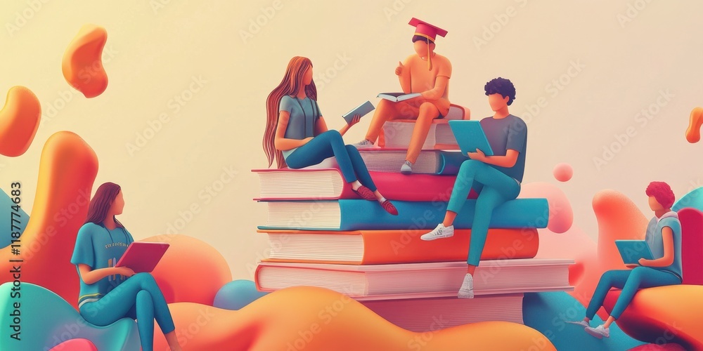 Poster students studying together on a stack of books in a colorful abstract setting: a 3d illustration of 
