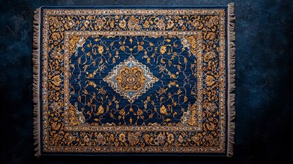 A detailed overhead shot of a dark blue and gold oriental rug with intricate patterns on a dark background.
