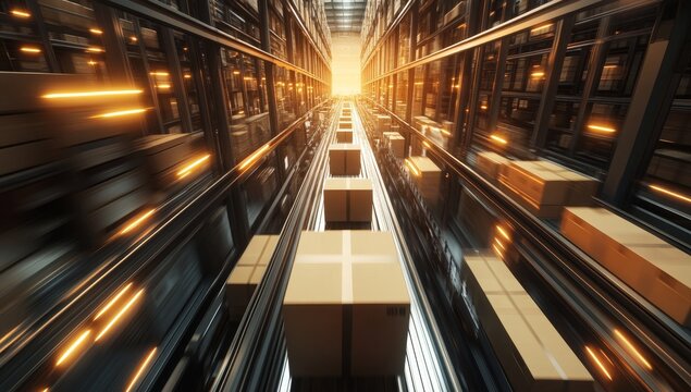 Automated warehouse with boxes moving on conveyor belts.
