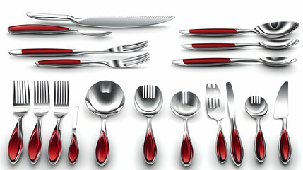 Red-handled cutlery set, studio shot, white background, showcasing various pieces for restaurant menus or catalogs
