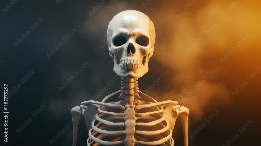 Aufkleber realistic human skeleton model with detailed bone structure surrounded by atmospheric fog in dark to