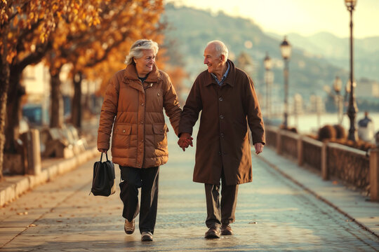 Casal de idosos caminhando de m&atilde;os dadas pela rua, trocando olhares carinhosos e sorrisos apaixonados. A cena transmite amor, cumplicidade e felicidade no Dia dos Namorados