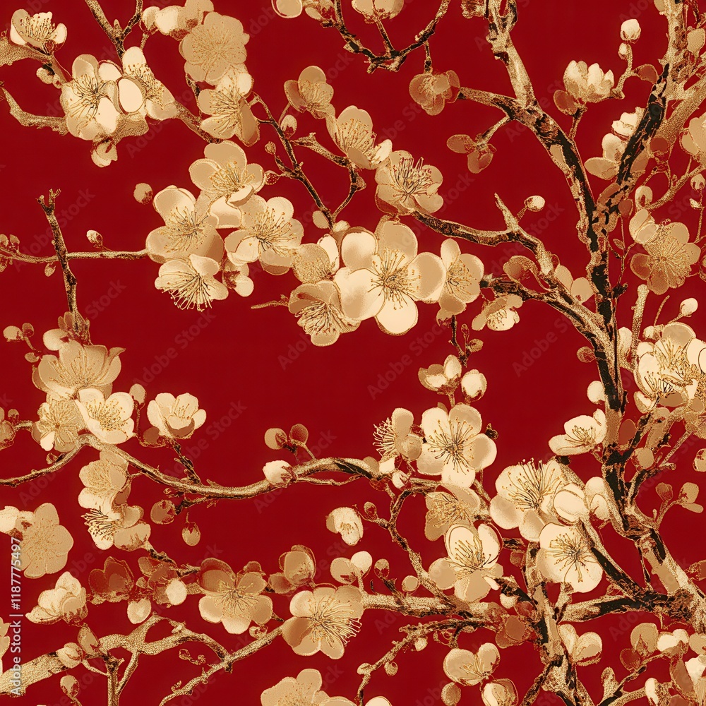 Poster elegant gold cherry blossoms on red background seamless pattern
