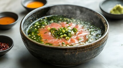 Steaming Bowl Of Salmon Soup With Green Onions