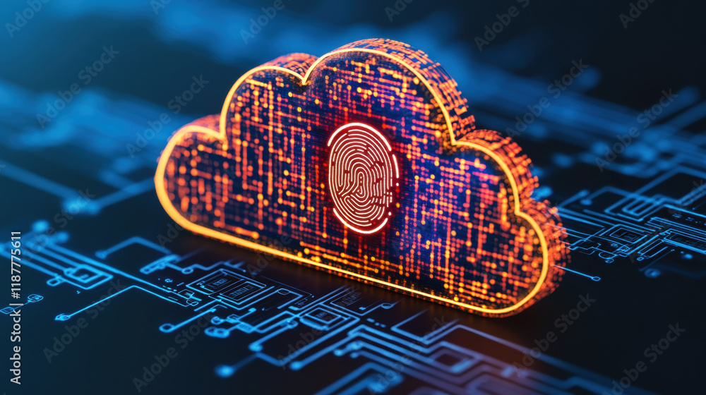 Poster cloud memory, a vibrant 3d rendering of a glowing cloud resembling a fingerprint, designed for high-