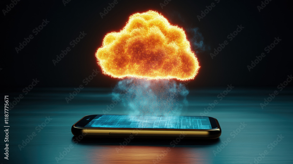 Poster cloud memory, a high-fidelity 3d rendering of a smartphone connecting to augmented reality technolog
