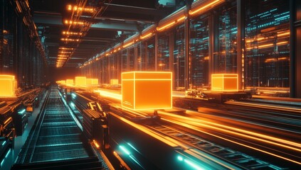 Fototapeta premium Futuristic automated warehouse with glowing orange boxes on conveyor belt.