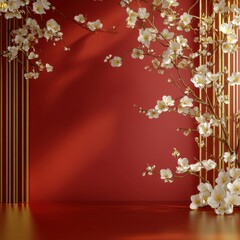 Elegant Red and Gold Floral Background with White Blossoms