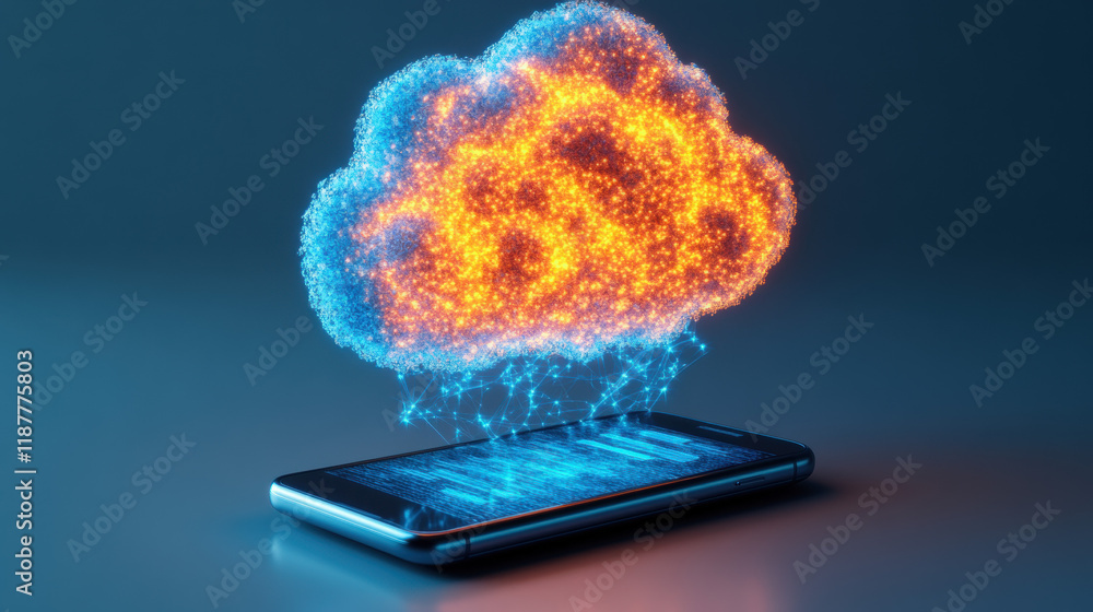 Poster cloud memory, a detailed 3d rendering of a smartphone connected to a global network with high fideli