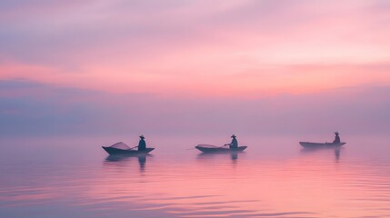 Naklejka premium Fishermen in Boats at Sunrise on Calm Waters