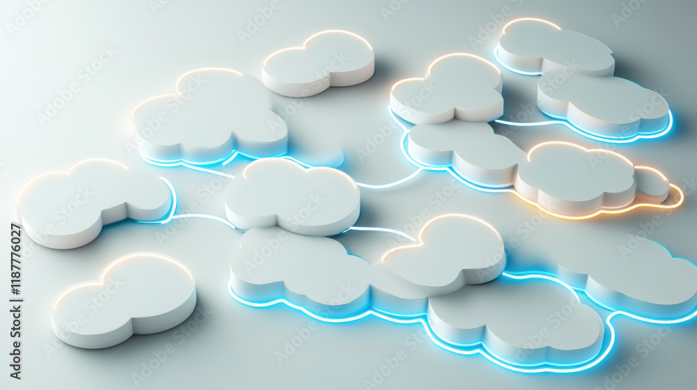Poster cloud memory, a high-fidelity 3d rendering showcasing interconnected glowing clouds in a visually st